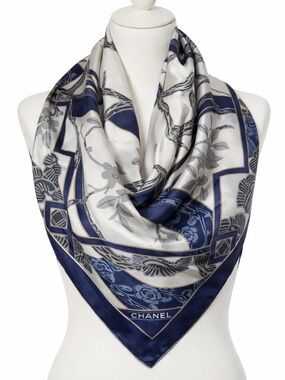 Chanel Navy and Beige Silk Scarf